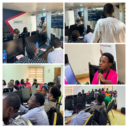 photo collage of people listening to a public speaker and working on computers.